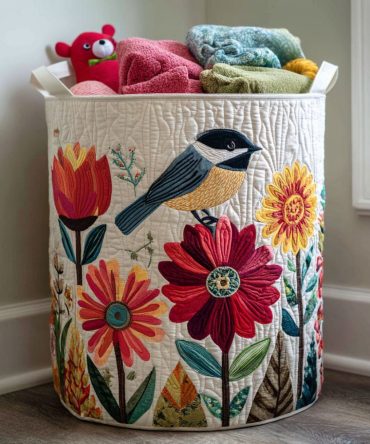 Delicate Quilted Laundry Hamper - Floral Flight Pattern , Foldable Fabric Laundry Basket With Soft Padded Sides For Bedroom & Bathroom