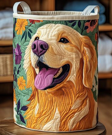 Golden Glow Quilted Laundry Hamper — Elegant Floral Fabric Laundry Basket With Reinforced Handles, Collapsible & Travel-Friendly