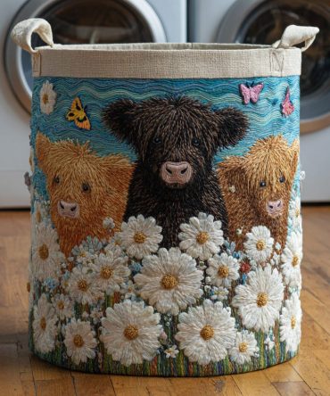 Floral Highland Cow Quilted Laundry Hamper – Charming Cow & Flower Fabric Storage Basket With Handles, Collapsible Rustic Chic
