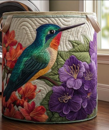 Floral Hummingbird Quilted Laundry Hamper – Botanical Print Fabric Basket With Carry Handles, Collapsible Storage And Decorative Home Accent