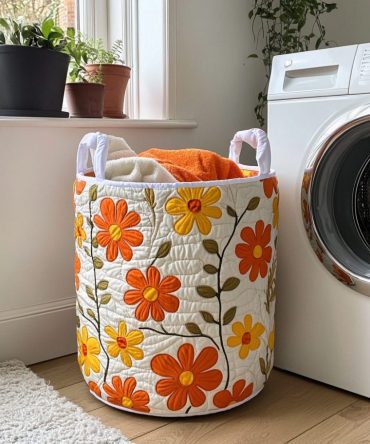 Floral Joy Quilted Laundry Hamper – Colorful Bloom Pattern, Quilted Fabric Laundry Basket, Lightweight Foldable Home Storage With Handles