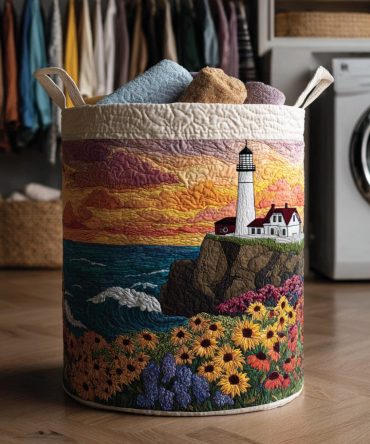 Floral Lighthouse Quilted Fabric Laundry Hamper — Coastal Floral Foldable Laundry Basket With Handles For Beachy Bedrooms & Bathrooms