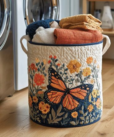 Floral Meadow Butterfly Quilted Laundry Hamper — Elegant Foldable Laundry Basket For Bedroom, Closet & Gift Giving