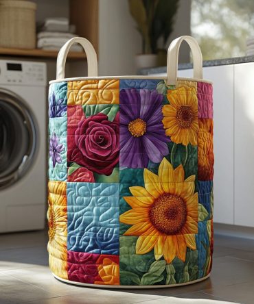 Floral Meadow Quilted Storage Hamper — Large Decorative Foldable Laundry Basket With Sturdy Handles For Closet & Bedroom