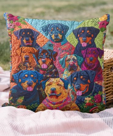Floral Paws & Rottweiler Quilted Decorative Pillow Cover — Charming Dog And Flower Throw Pillow Case For Cozy Living Spaces