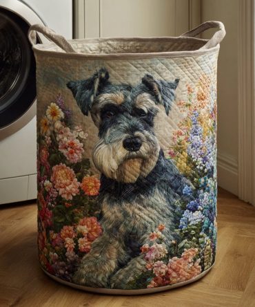 Floral Schnauzer Meadow Quilted Cotton Laundry Hamper — Foldable Decorative Storage Basket With Handles For Stylish Home Organization