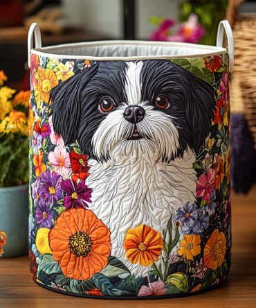 Floral Shih Tzu Quilted Laundry Hamper - Cute Dog Print Fabric Basket, Foldable Cotton-Lined Storage For Pet Lovers & Kids