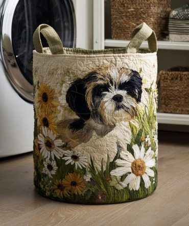 Floral Shih Tzu Quilted Laundry Hamper — Delicate Floral Dog Print Fabric Basket, Foldable, Lightweight & Stylish For Bedroom Décor