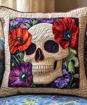 Floral Skull Charm Quilted Pillow Cover — Bold Boho Throw Pillowcase With Floral Sugar Skull Design For Eclectic & Day Of The Dead Decor