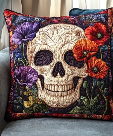 Romantic Floral Skull Quilted Pillow Cover — Floral Skull Love Decorative Throw For Boho & Eclectic Bedrooms, Machine Washable, Premium Accent