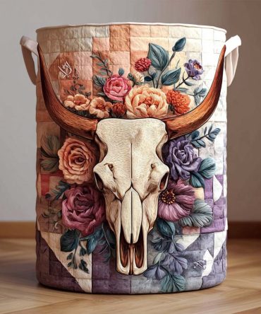 Floral Skull Quilted Laundry Hamper - Edgy Decorative Collapsible Fabric Storage Basket With Sturdy Handles For Home