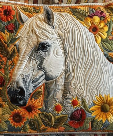 Sunflower & Horse Quilted Pillow Cover - Bohemian Floral Equestrian Throw Case, Textured Cotton-Blend Accent, Machine Washable