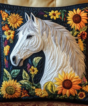 Sunflower & Horse Quilted Decorative Pillow Cover — Vibrant Floral Throw Pillow Sham, Soft Cotton Accent For Farmhouse