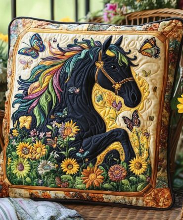 Sunflower Horse Quilted Pillowcase - Floral Country-Style Decorative Pillow Cover With Sunflower & Equine Design, Hypoallergenic Fabric