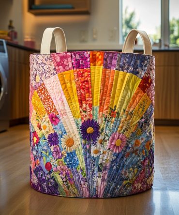 Floral Sunrise Quilted Laundry Hamper — Decorative Foldable Laundry Bin With Handles, Breathable Cotton-Feel Storage For Home