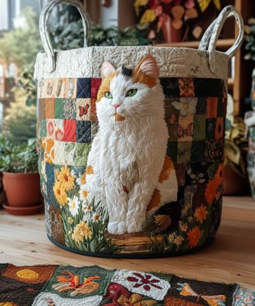 Floral Whiskers Quilted Storage Hamper - Elegant Flower & Cat Pattern Foldable Laundry Basket For Bedroom & Nursery