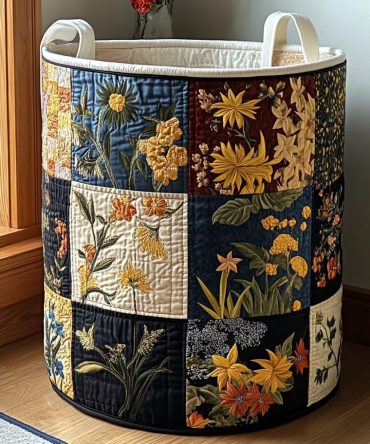 Floral Whispers Quilted Laundry Hamper — Elegant Foldable Fabric Basket With Reinforced Handles, Removable Washable Liner