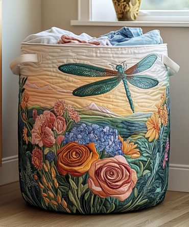 Floral Wings Quilted Laundry Hamper – Elegant Winged Floral Laundry Basket, Collapsible Decorative Organizer, Sturdy Handles & Washable Fabric