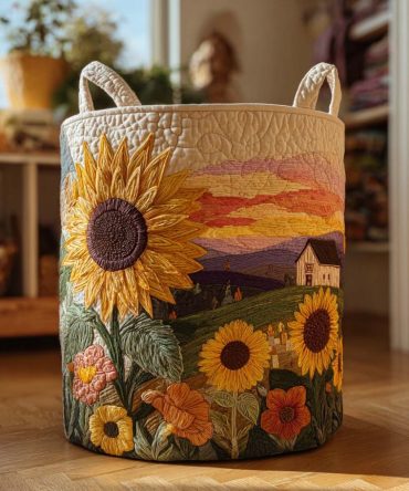 Flourishing Sunshine Quilted Laundry Hamper - Cheerful Sunflower Fabric Storage Basket, Foldable Large Laundry Organizer With Washable Cover