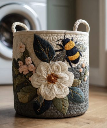 Flower & Bee Quilted Laundry Hamper — Floral Bee Print Foldable Laundry Basket With Handles, Garden-Themed Decorative Storage