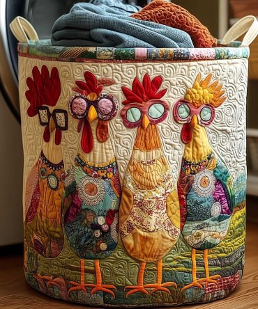 Flower Crown Chickens Quilted Collapsible Laundry Hamper - Farmhouse Decorative Washable Storage Basket With Handles For Nursery