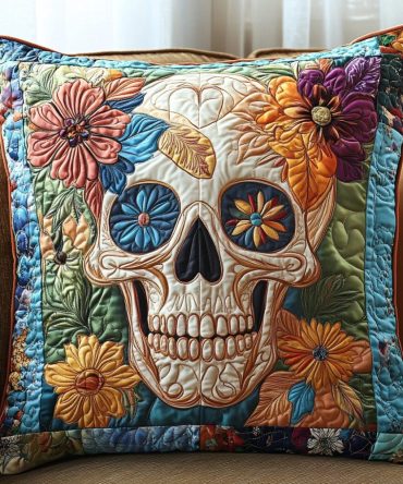 Flower Crown Skull Quilted Pillow Cover — Romantic Skull Accent With Floral Crown, Bohemian Throw Pillow Case, Removable