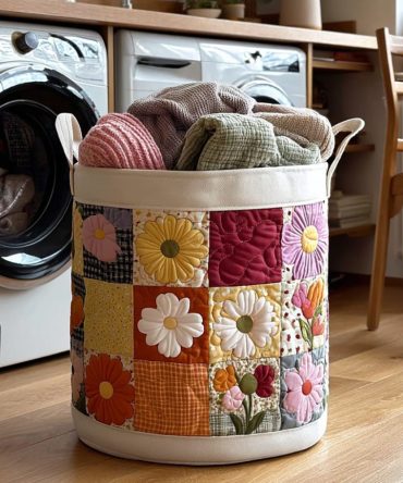 Floral Field Quilted Laundry Basket – Colorful Flower Print, Large Foldable Hamper With Handles For Stylish Home, Dorm & Nursery Organization