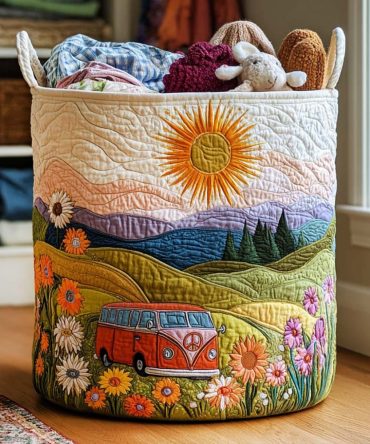 Flower Fields Quilted Laundry Hamper — Colorful Floral Foldable Laundry Organizer With Handles , Bright Home & Dorm Room Storage