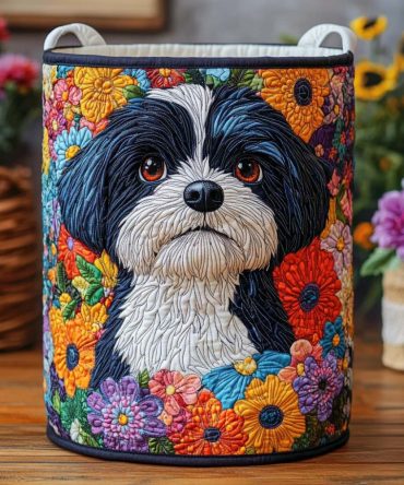 Flower Pup Quilted Laundry Hamper — Playful Puppy & Floral Quilted Basket With Handles, Collapsible & Machine-Washable, Cute Storage For Kids’ Rooms