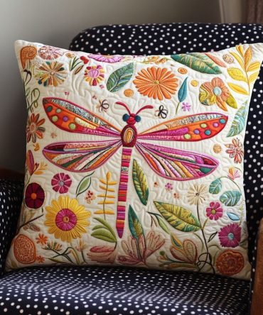 Flowerfly Escape Quilted Throw Pillow Cover – Botanical Dragonfly Design For Sofa & Bed, Soft Textured Accent With Hidden Closure