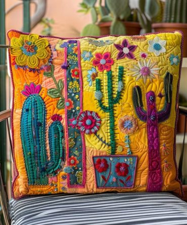 Flowering Cactus Quilted Throw Pillow Cover — Textured Desert Floral Pillowcase For Eclectic, Southwestern & Bohemian Homes