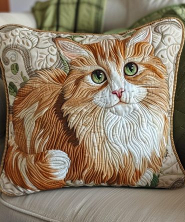 Fluffy Orange Quilted Cat Pillow Cover - Cozy Plush Feline Accent Cushion Case In Warm Orange, Soft Texture For Bedrooms & Living Rooms