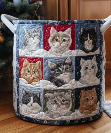 Festive Fluffy Christmas Quilted Hamper - Holiday Cat Print Storage Basket, Decorative Laundry & Gift Organizer