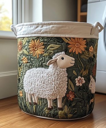 Fluffy Sheep Quilted Laundry Hamper — Cute Animal Print Foldable Laundry Basket For Kids, Washable Cotton Storage With Carry Handles