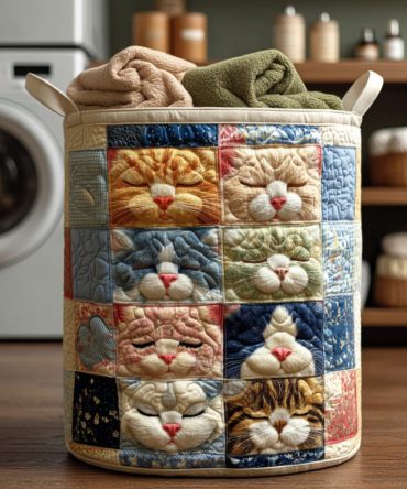 Fluffy Sleepy Cats Quilted Laundry Hamper — Plush Sleepy Cat Print Collapsible Basket For Soft, Cozy Home Storage