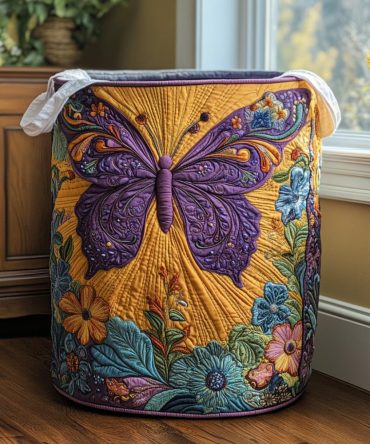 Flutter Bloom Quilted Laundry Hamper — Elegant Butterfly Floral Foldable Laundry Basket, Washable Cotton Storage With Carry Handles