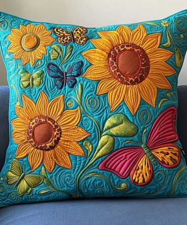 Flutter Fields Quilted Pillow Cover, Charming Floral-Butterfly Throw Pillowcase For Bed, Sofa & Nursery, Reversible Cotton Blend