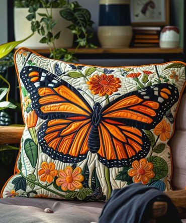 Vibrant Monarch Butterfly Quilted Pillowcase - Orange Flutter Accent Cover, Soft Quilted Texture For Living Room & Bedroom Refresh