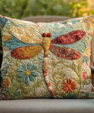Fluttering Beauty Quilted Pillow Cover – Chic Dragonfly & Bloom Accent Case For Sofa, Bed Or Outdoor Seating, Durable & Stylish