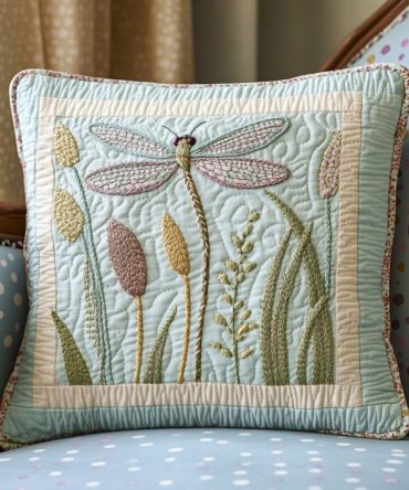 Fluttering Blooms Quilted Throw Pillow Case – Vibrant Floral & Dragonfly Design For Eclectic, Boho & Cottage Style Interiors