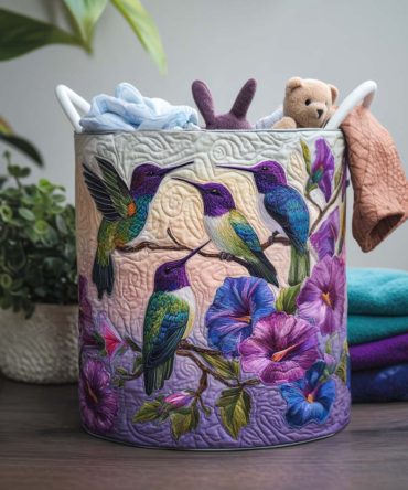 Flying Hummingbird Quilted Folding Laundry Hamper - Decorative Large Capacity Bin With Durable Handles And Easy-Care Liner
