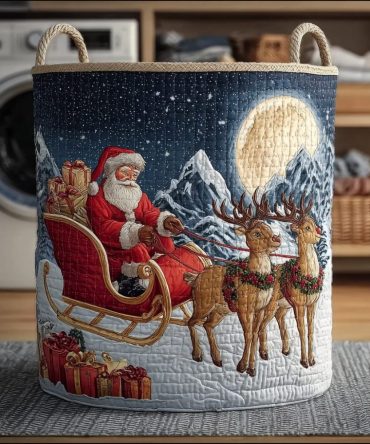 Flying Santa Claus Quilted Holiday Laundry Hamper – Festive Santa Motif Foldable Fabric Basket, Perfect Christmas Home Accent