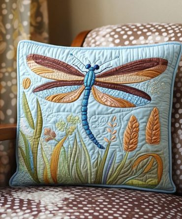 Flying Through Spring Quilted Throw Pillow Cover – Seasonal Dragonfly & Wildflower Accent For Sofa, Patio & Bedroom, Easy Care
