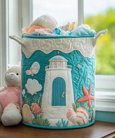 Foggy Lighthouse Path Quilted Laundry Hamper - Misty Coastal Quilt Design, Large Foldable Linen-Blend Storage Basket With Handles, Home & Bath