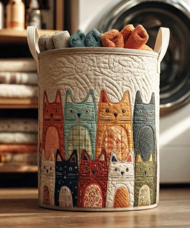 Folk-Art Cats Quilted Laundry Hamper — Artisan-Inspired Cat Print Collapsible Basket For Eclectic & Cottage Style Homes
