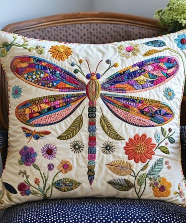 Folk Art Wings Quilted Pillow Cover – Handcrafted-Inspired Dragonfly Throw Case For Rustic, Farmhouse & Boho Home Styling