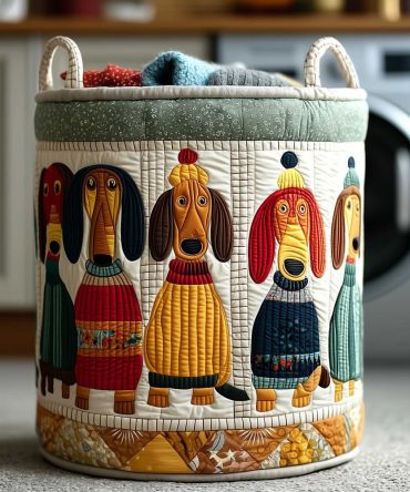 Folk Dogs Village Quilted Laundry Hamper – Vintage Folk-Art Canine Print Storage Bin, Durable Collapsible Fabric Hamper With Handles