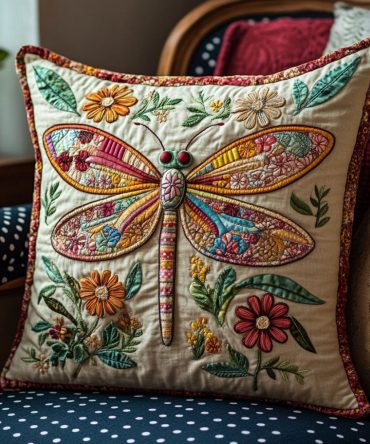 Folk Flight Quilted Throw Pillow Cover – Colorful Dragonfly & Folk Pattern Accent Case For Sofa, Bed & Cozy Reading Nooks