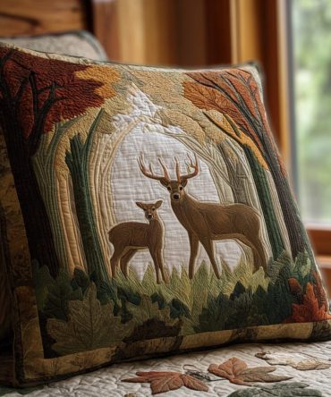 Forest Stag Quilted Throw Pillow Cover - Majestic Deer Woodland Decorative Case For Lodge, Cabin & Rustic Home Accents
