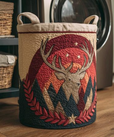 Forest Antler Quilted Laundry Hamper — Antler Motif Collapsible Fabric Basket For Rustic & Modern Home Storage